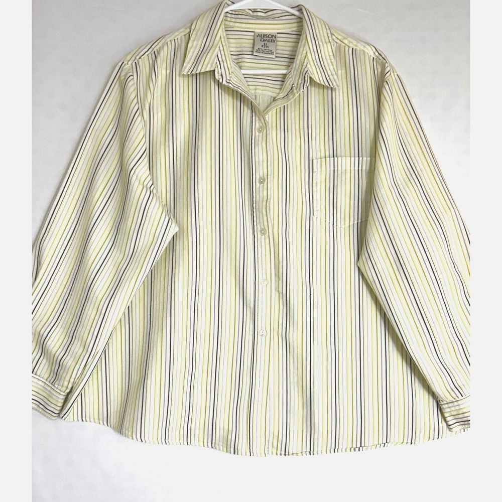 Allison Daley Womens 22W Striped Button Down Shirt Yellow Green Long Sleeve Top